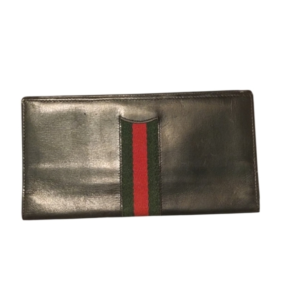 Gucci Black Sherry Striped 1970S Checkbook Agenda Passport Wallet